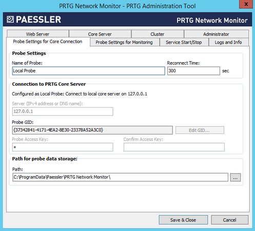 PRTG Administration Tool: Probe Settings for Core Connection