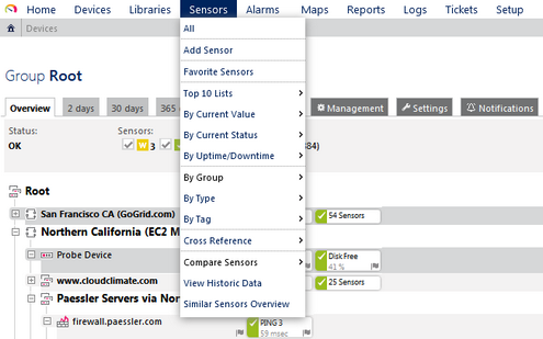 PRTG Main Menu: Sensors